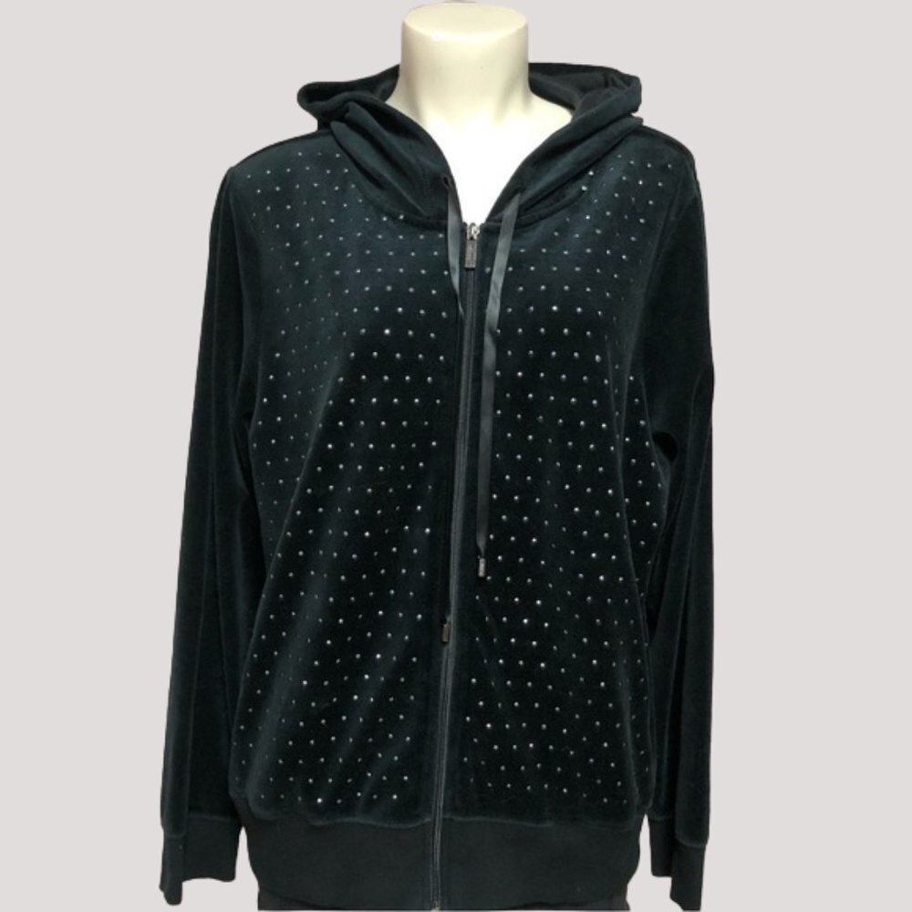 Calvin Klein Black Velour Full Zip Hooded Jacket With Silver Rhinestones